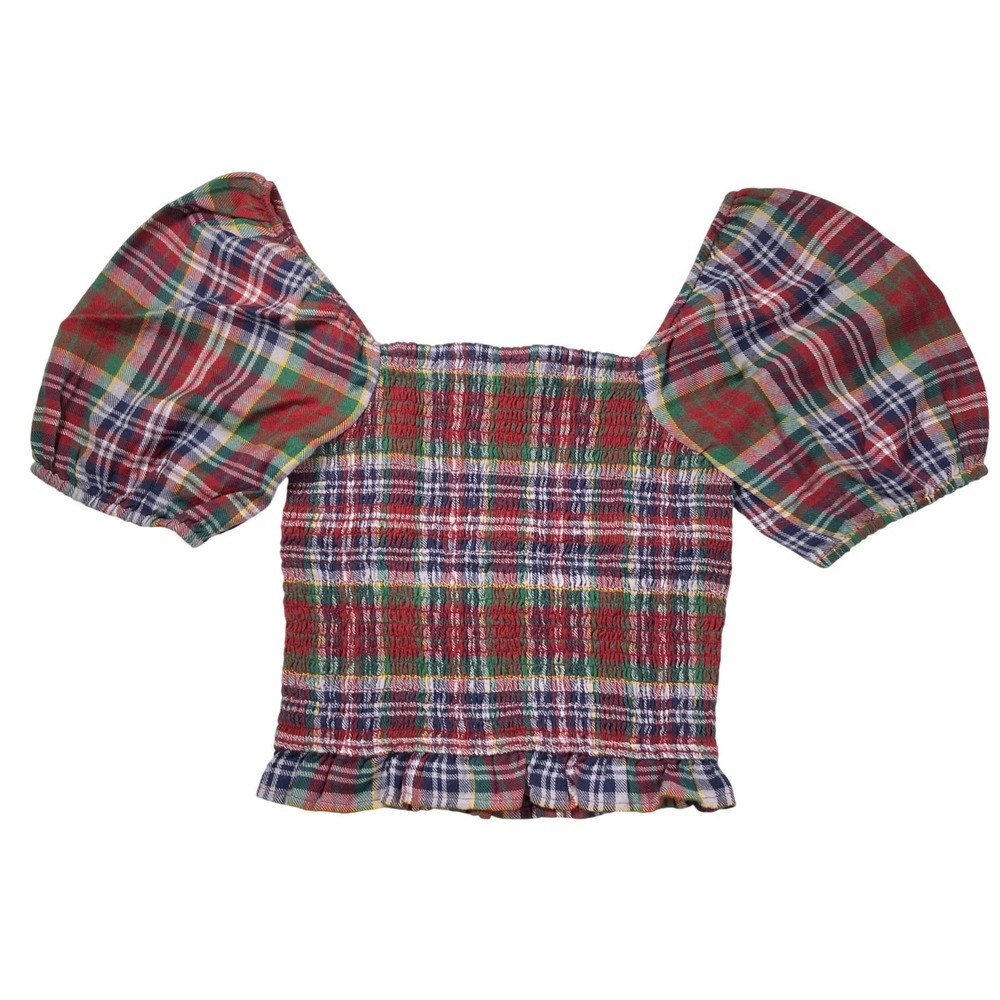 NWT American Eagle Women Smocked Plaid Puff Sleeve Crop Top Red XS